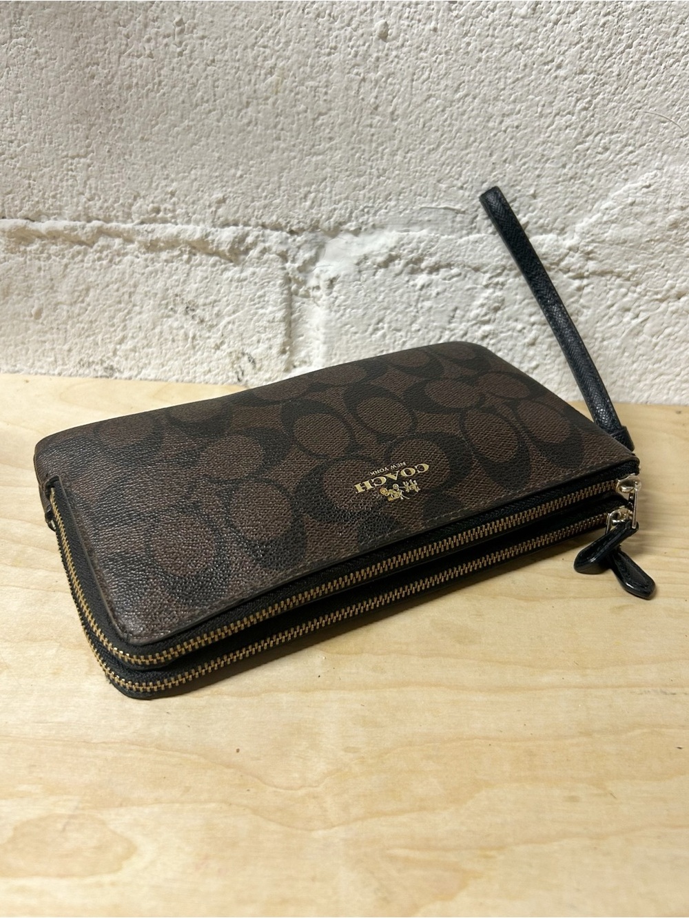 Coach Brown Signature Double Zip Wristlet with Black Strap F54057